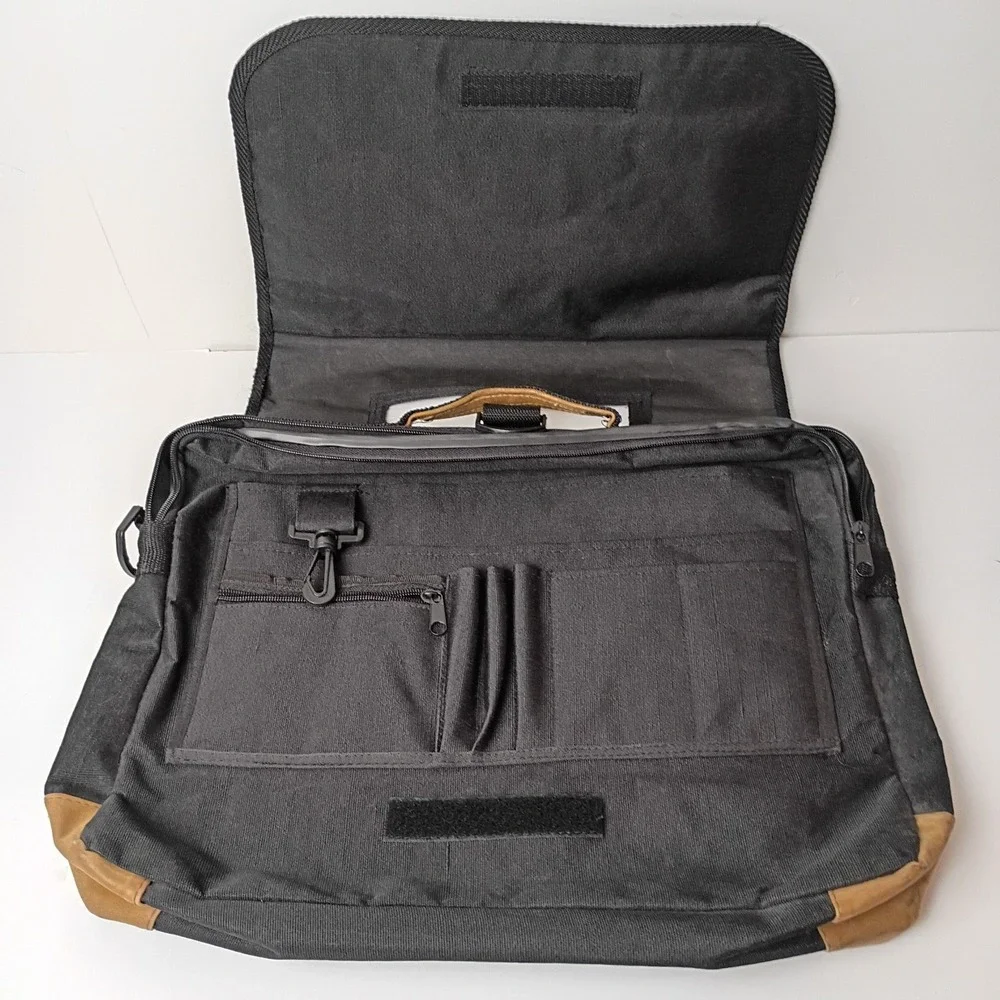 Black Brown Canvas Messenger Bag for 15 in Laptop, Inner Pockets - No Strap